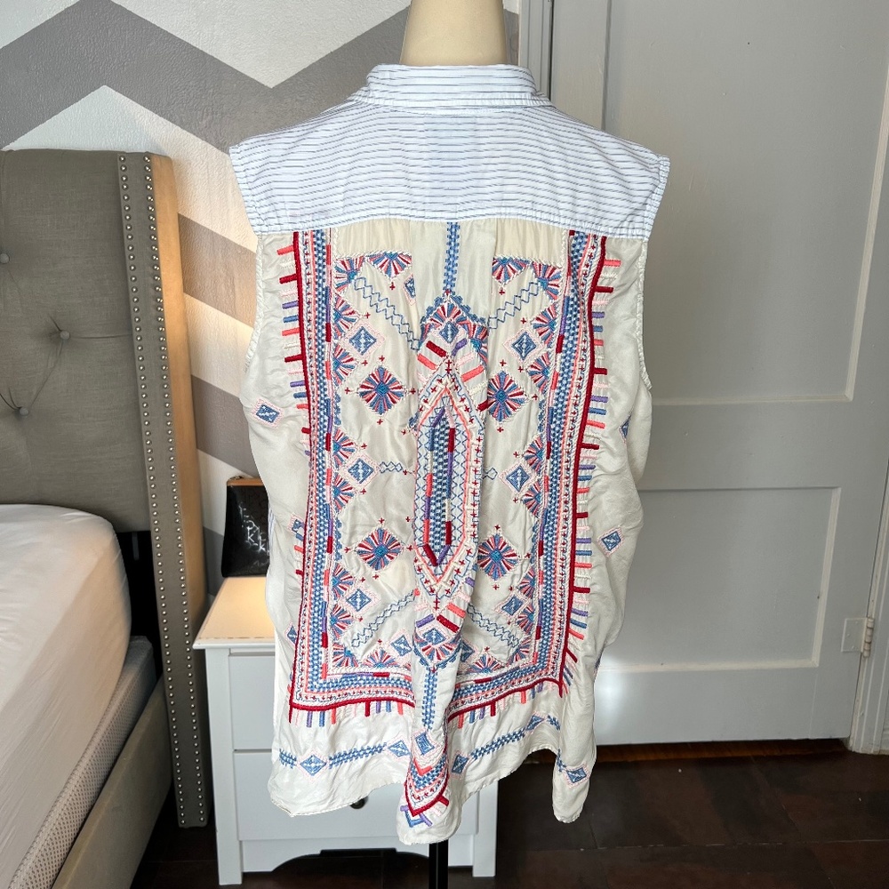 Johnny Was Pinstripe Embroidered Button Down, White, Cream